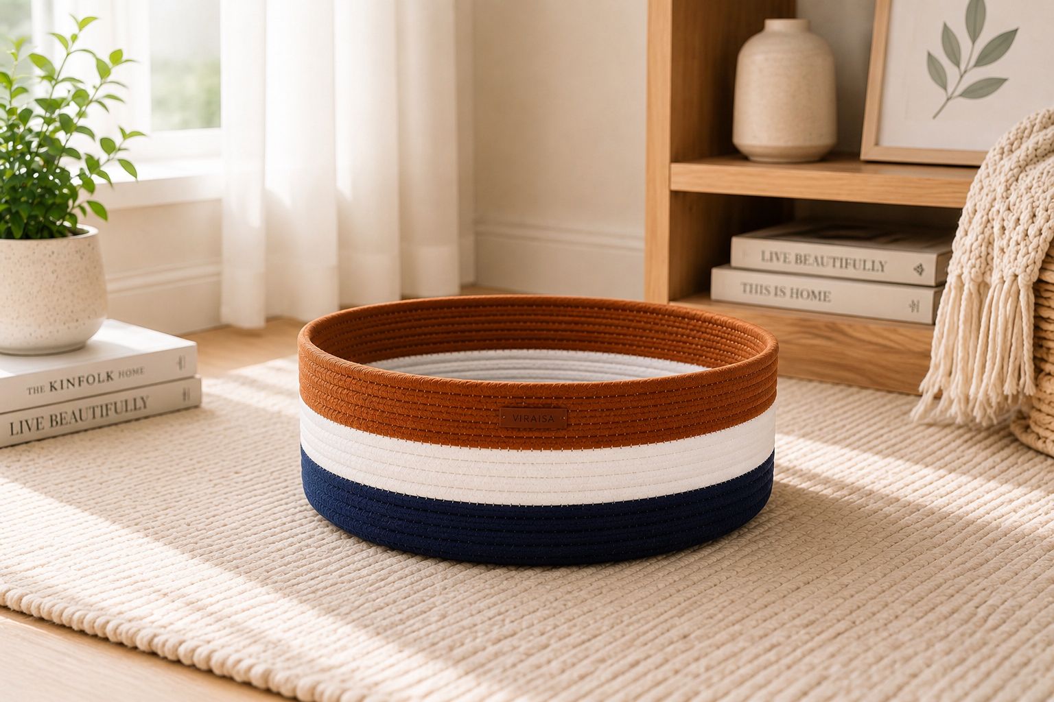 Round cotton rope baskets nested on a shelf