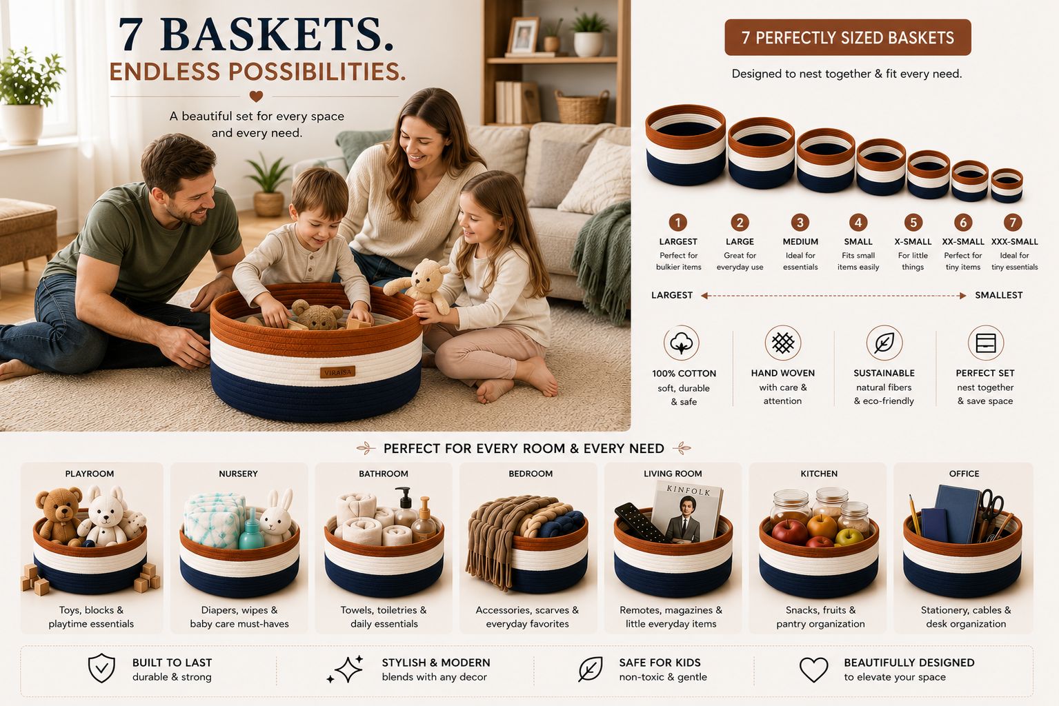 Round cotton rope baskets nested on a shelf