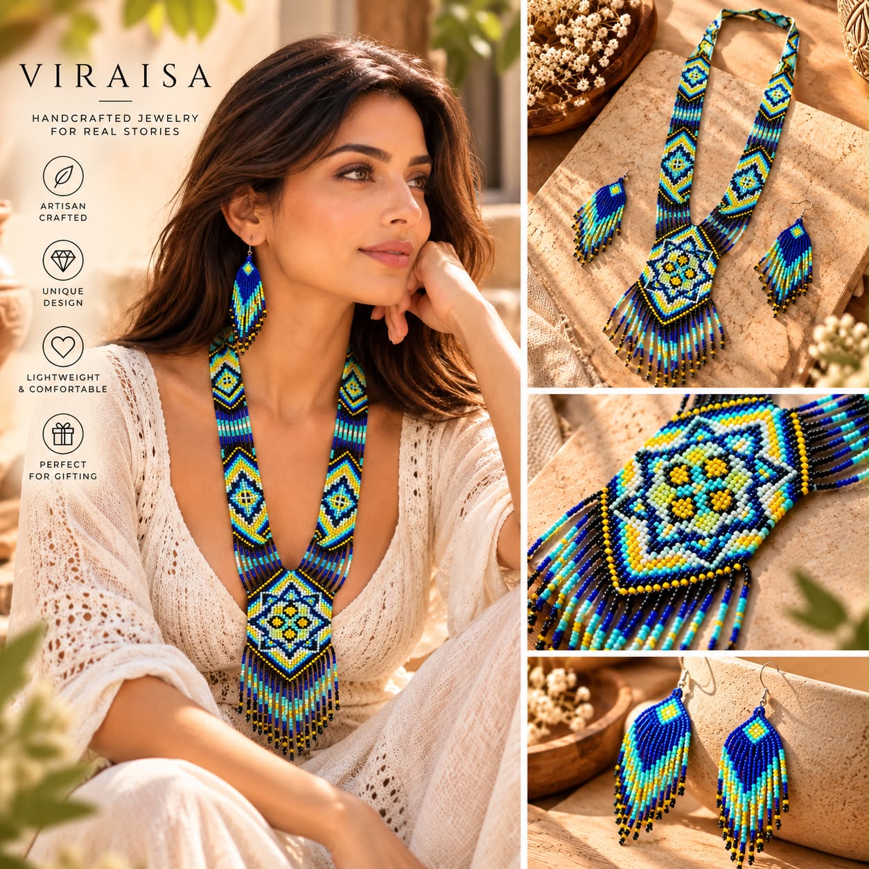 Cobalt Lime Starburst Nippon Jewellery Set — handwoven Nippon glass bead jewellery