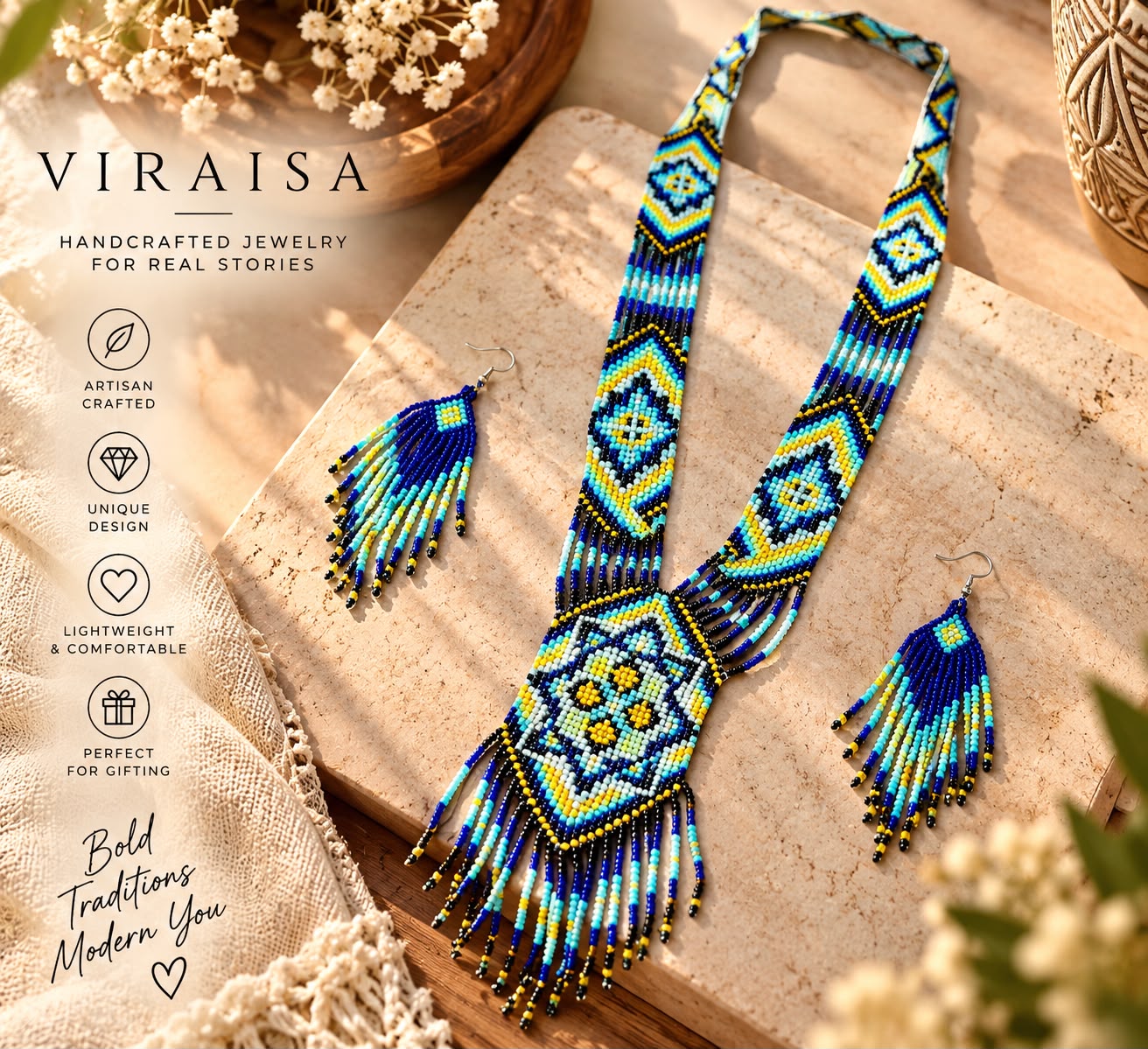 Cobalt Lime Starburst Nippon Jewellery Set — handwoven Nippon glass bead jewellery