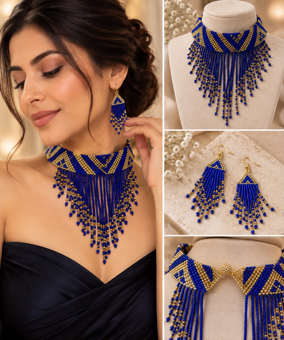 Cobalt Gold Lattice Nippon Fringe Choker — handwoven Nippon glass bead jewellery