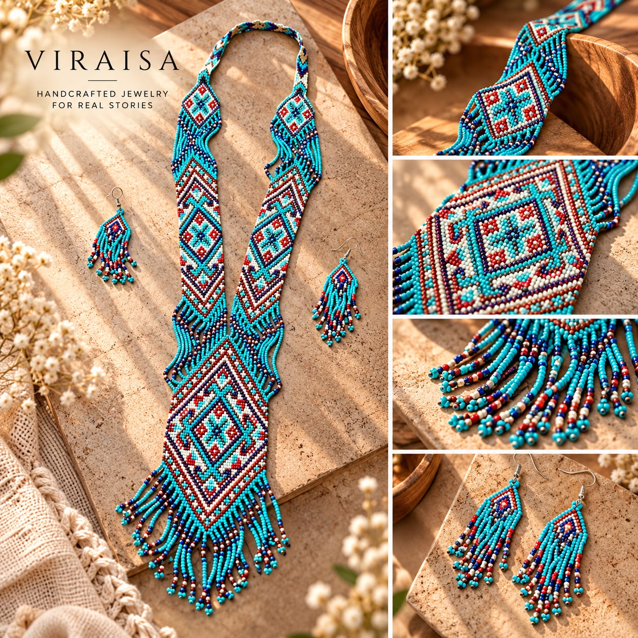 Turquoise Diamond Fringe Nippon Jewellery Set — handwoven Nippon glass bead jewellery