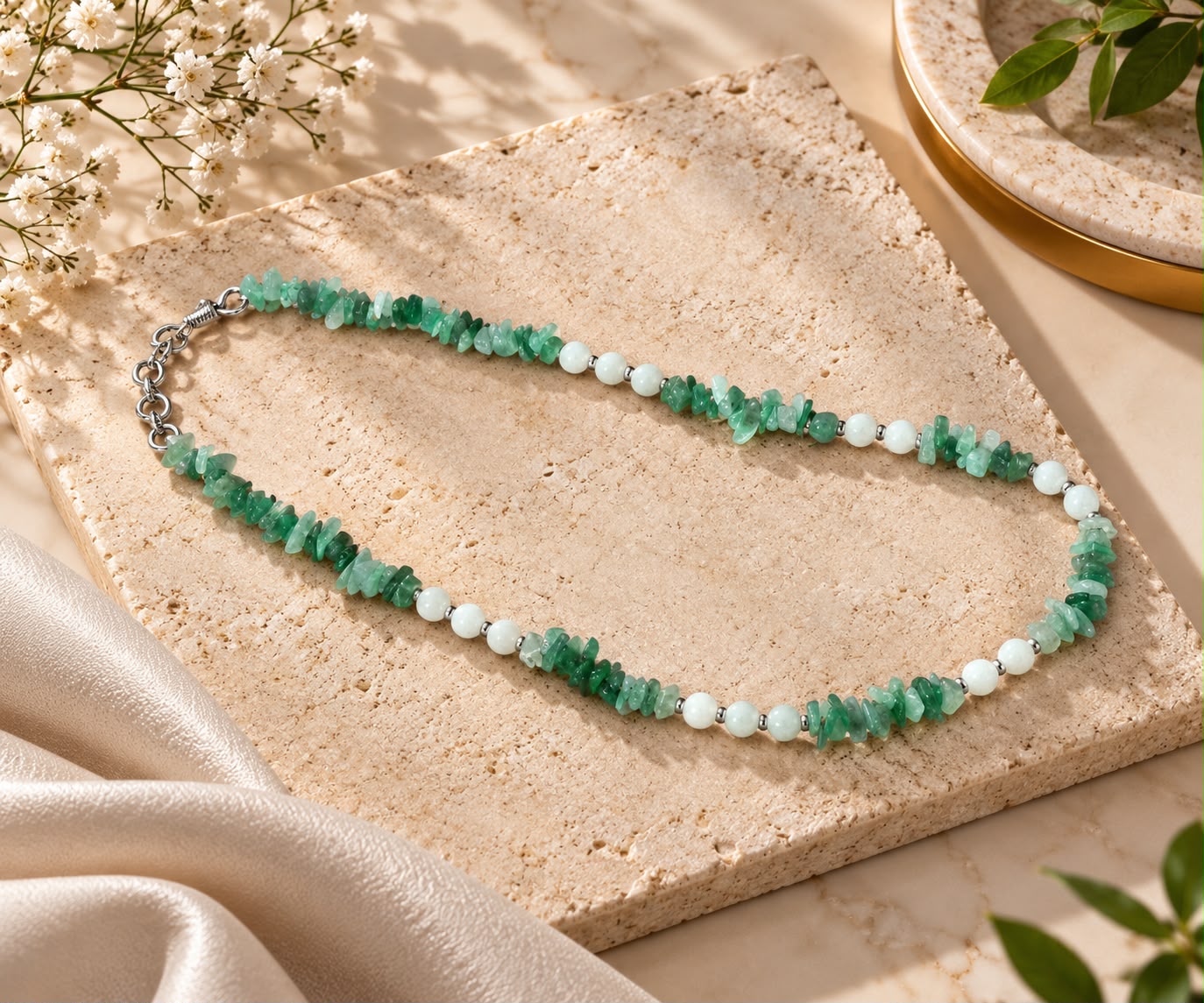Emerald Pearl Chip Necklace — handcrafted emerald necklace