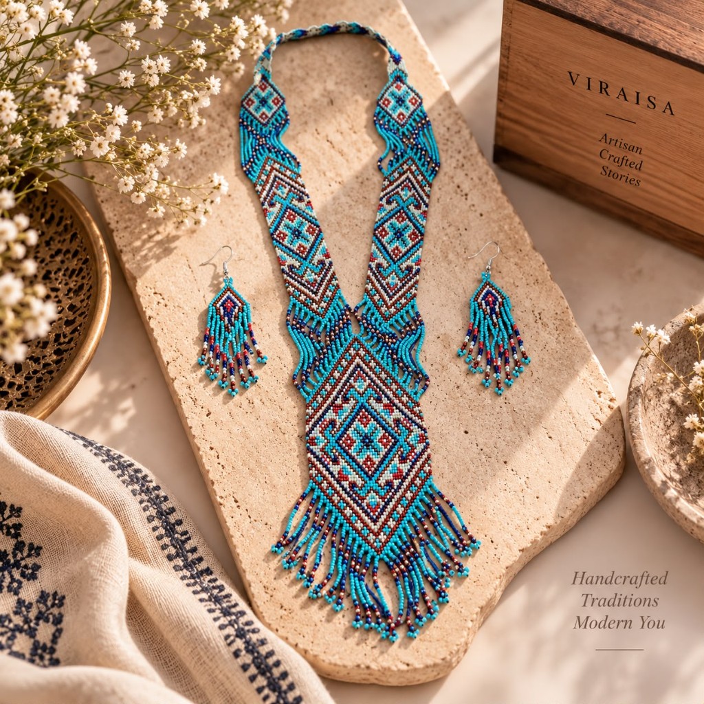 Turquoise Diamond Fringe Nippon Jewellery Set — handwoven Nippon glass bead jewellery